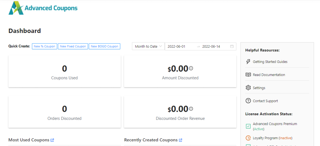 Advanced Coupons Free Version 4.3 Dashboard
