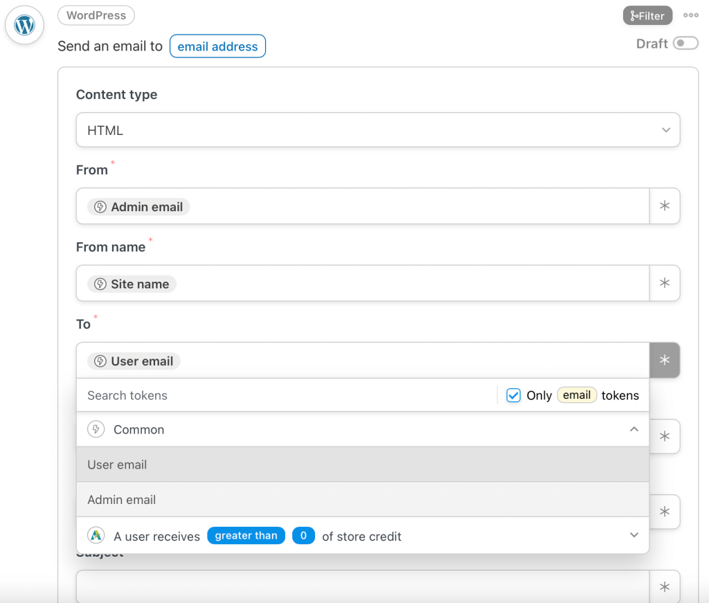 Editing an email WordPress action to send to customers  