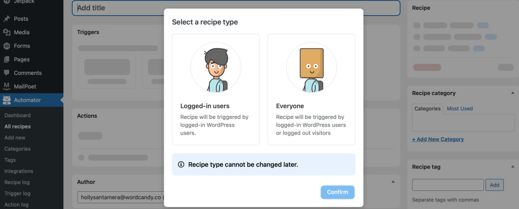 Select logged-in users for your automated recipe
