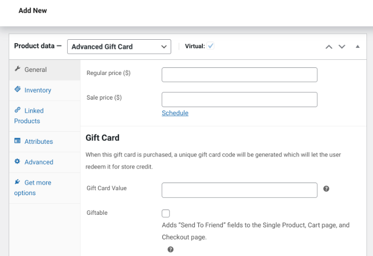 The Advanced Gift Card settings in WooCommerce.