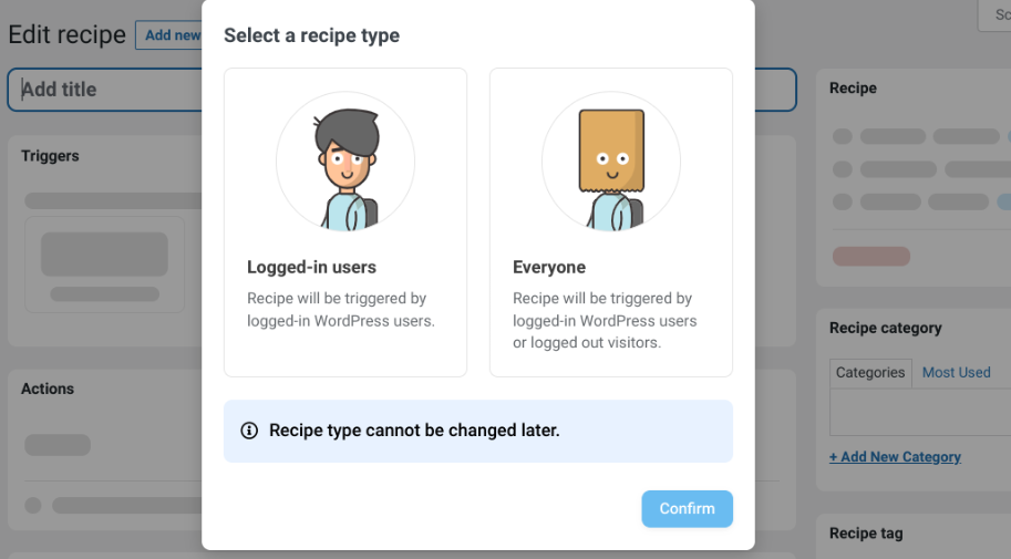 Selecting a recipe type for giving new account credit in WooCommerce.