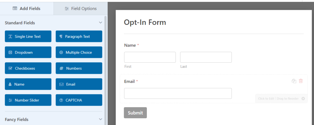 Creating an email opt-in form using WPForms