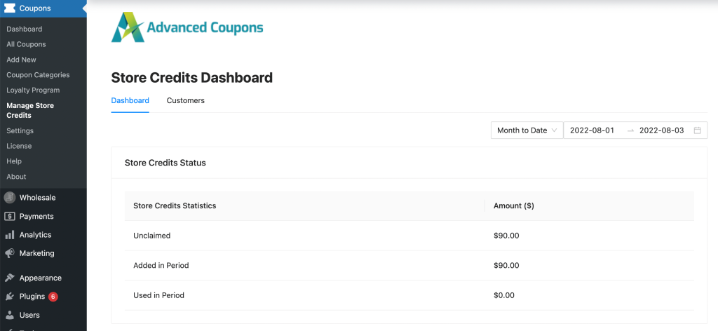 WooCommerce store credits balance dashboard in Advanced Coupons
