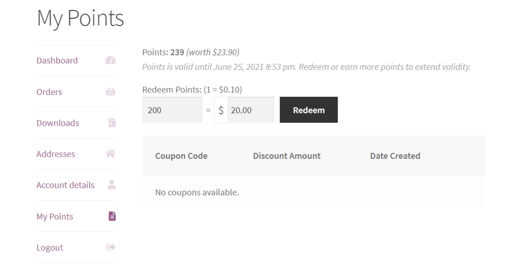 WooCommerce Redeemable Points Example