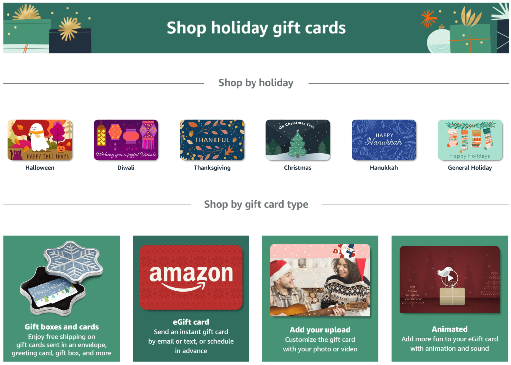 Amazon's holiday gift card options