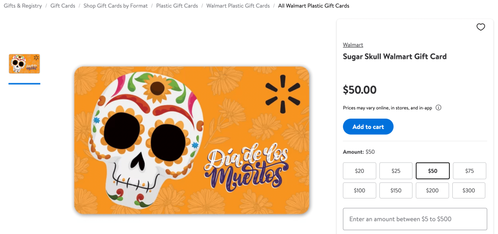 Walmart Dia de Los Muertos holiday gift card