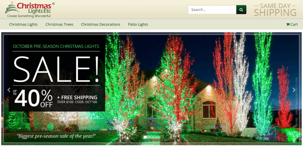 The Christmas Lights Etc homepage. 