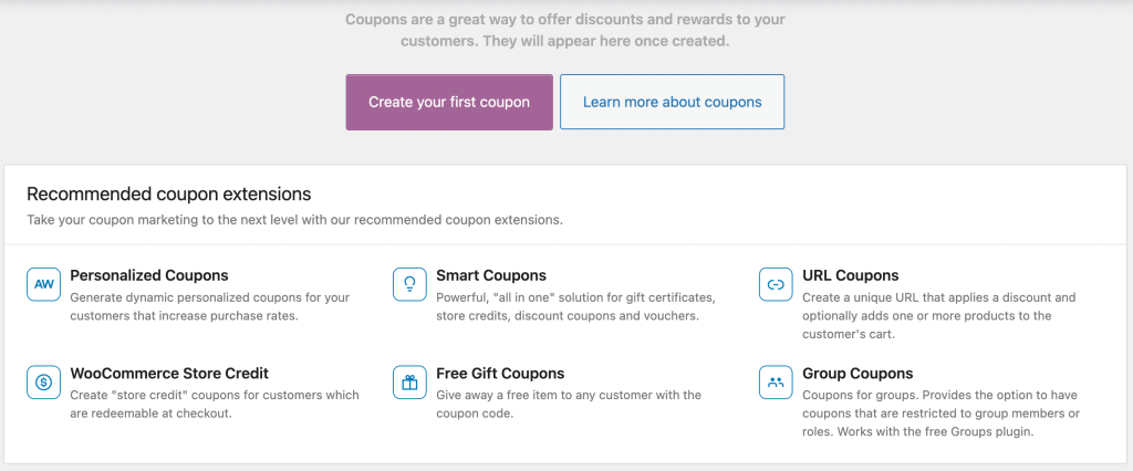 The Coupons dashboard on WordPress. 