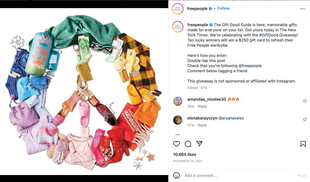 The Free People Instagram page promoting a gift card giveaway with a peace symbol 