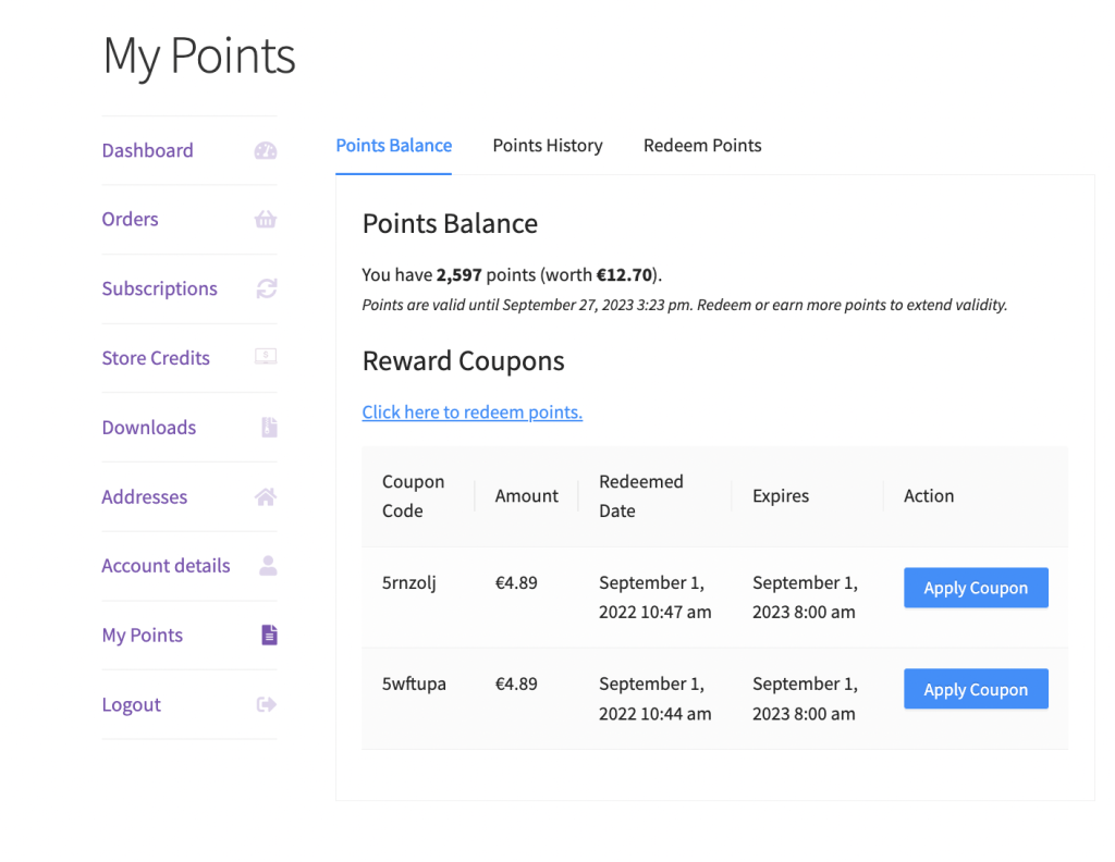 Redeem Points and Point Balance (click to zoom)