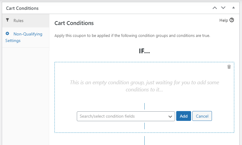 The Cart Conditions box for the coupon.