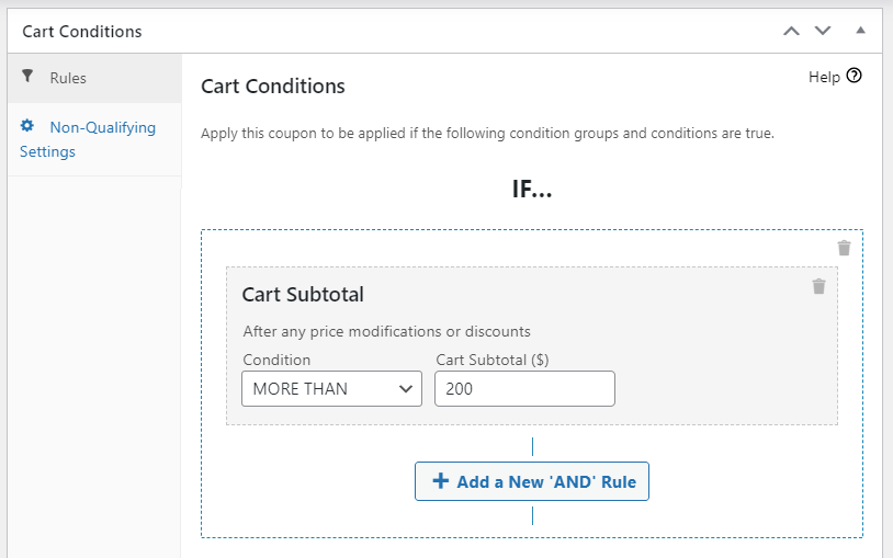 Setting cart subtotal as a condition in Advanced Coupons.
