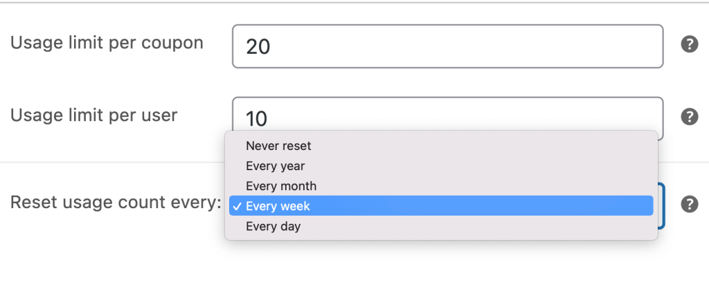 Selecting the reset usage count in the dropdown menu. 