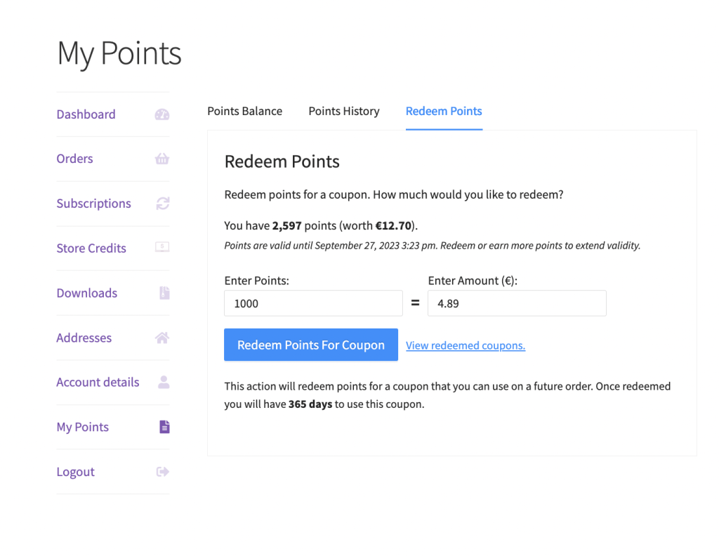 Redeem Points and Point Balance (click to zoom)