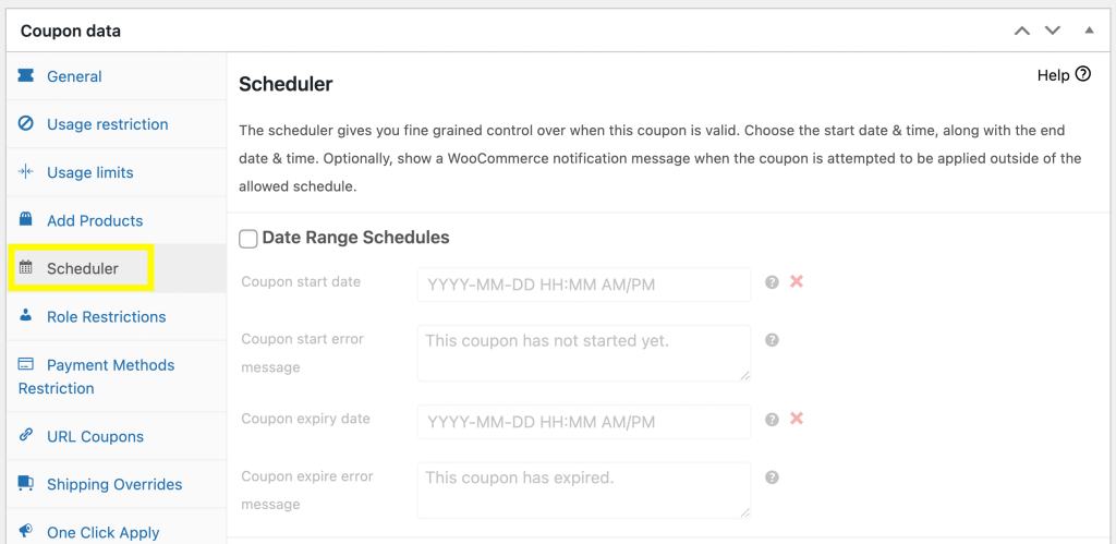 The Scheduler tab in Coupon data. 