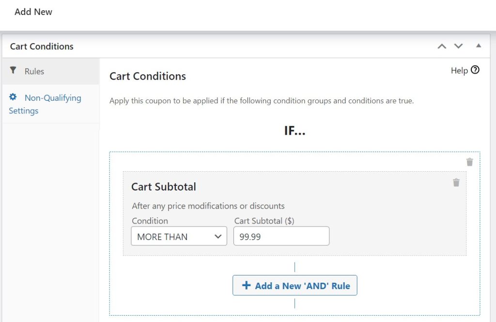 Coupon rules for cart subtotal.