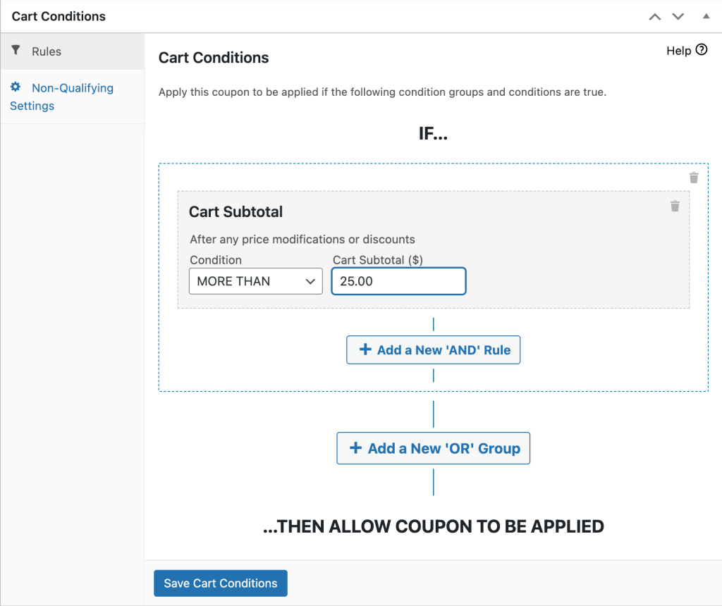 Cart subtotal rule in cart conditions settings.