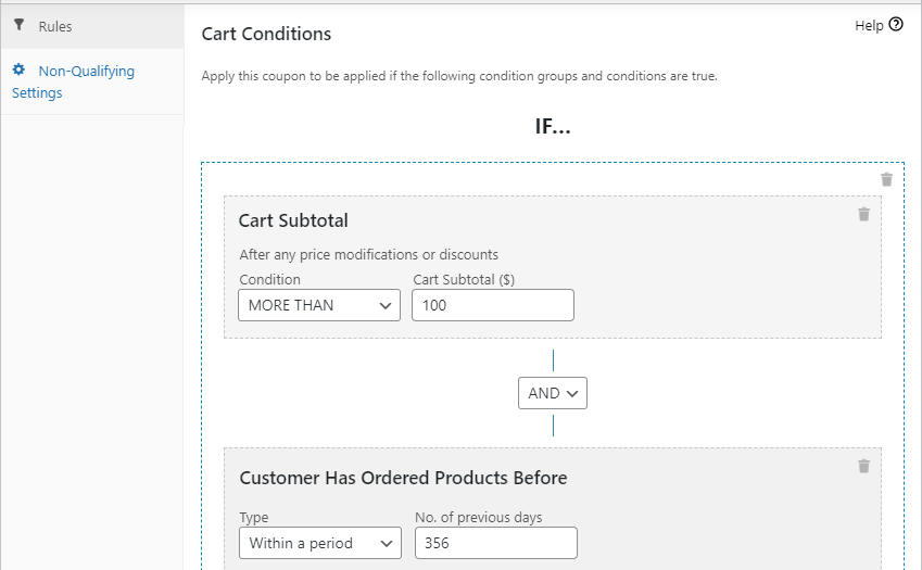 Creating cart conditions for cashbacks in Advanced Coupons.