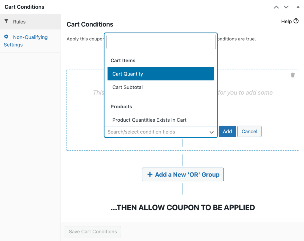 Setting up cart conditions in Advanced Coupons