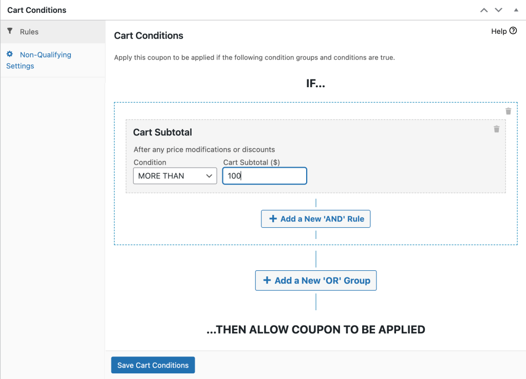 Cart subtotal conditions settings for a cashback in WooCommerce coupon