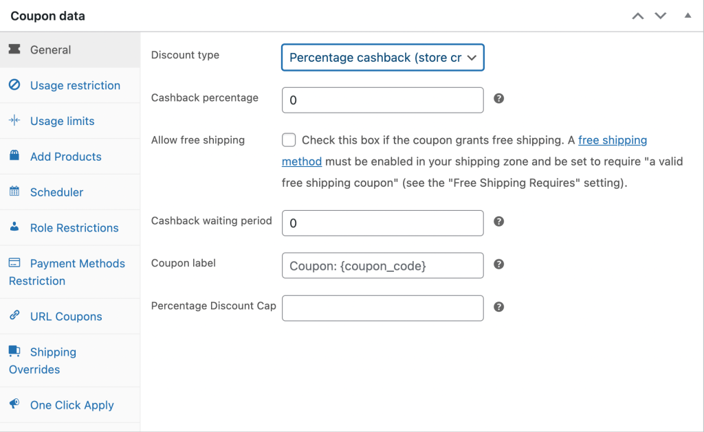 Settings for a percentage cashback coupon in Advanced Coupons Premium