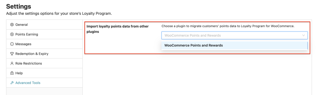 Choose a plugin to migrate data to Loyalty Program for WooCommerce 