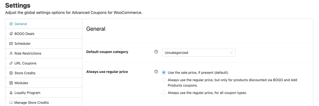 Adjust the Advanced Coupons for WooCommerce global settings options 