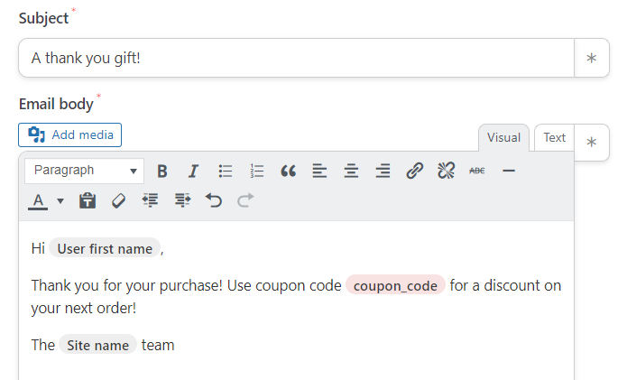 Customizing the email for the new user coupon.