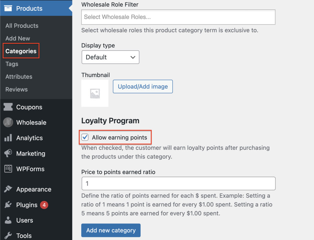 Loyalty Program settings in product categories