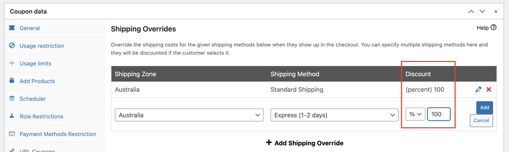 Add "100" as discount percentage to make the shipping fee free 