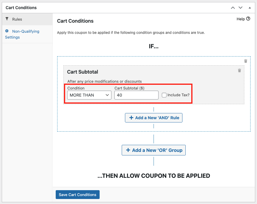 'Cart Subtotal' cart condition in Advanced Coupons