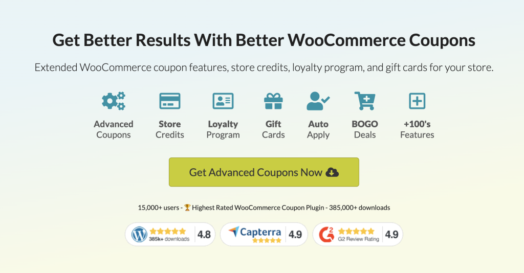 Advanced Coupons is the #1-rated coupons plugin in WooCommerce