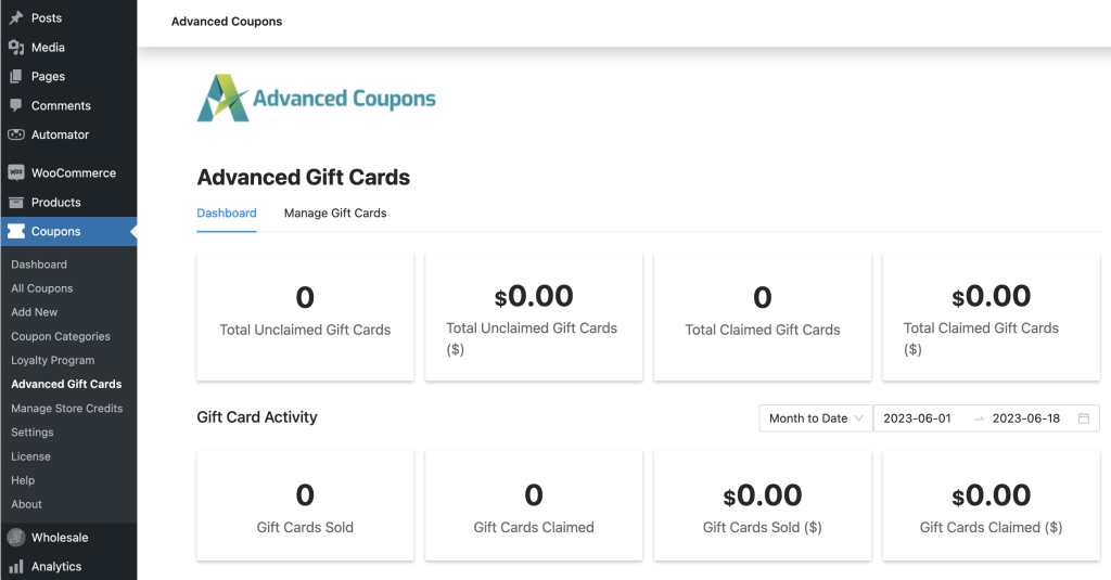 Advanced Gift Cards Dashboard 