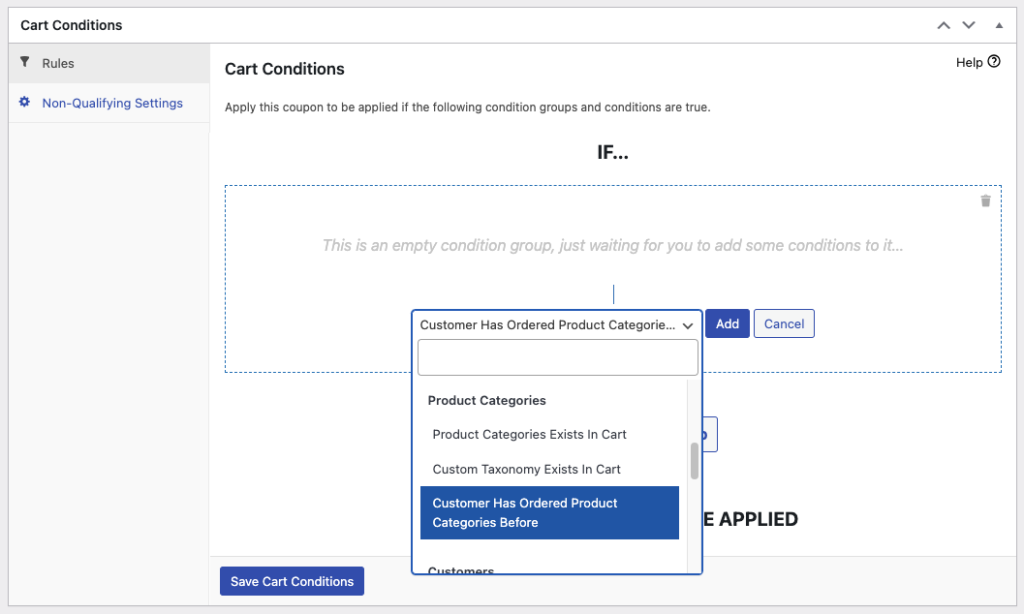 "Customer Has Ordered Product Categories Before" cart condition
