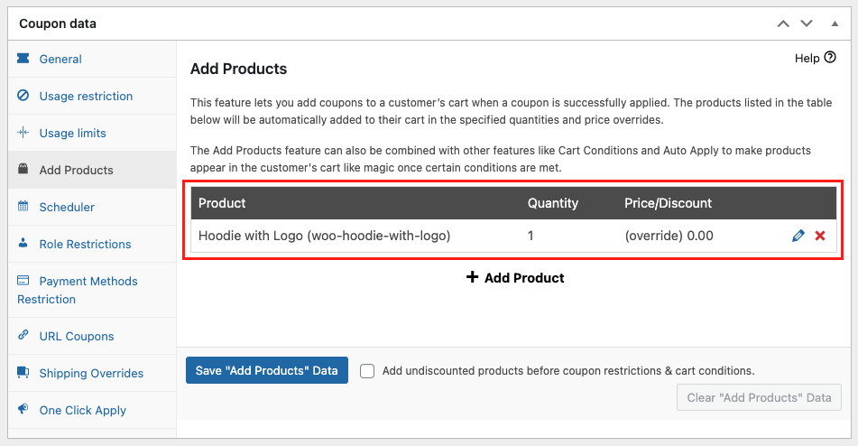 Configure quantity and price/discount of the product added