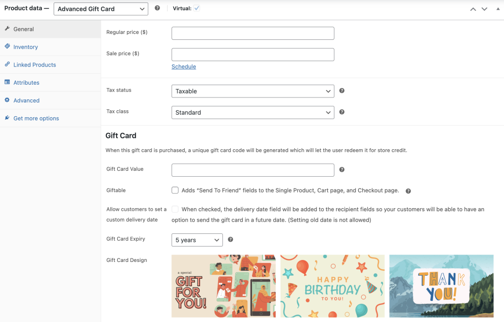 Setting up the gift card data