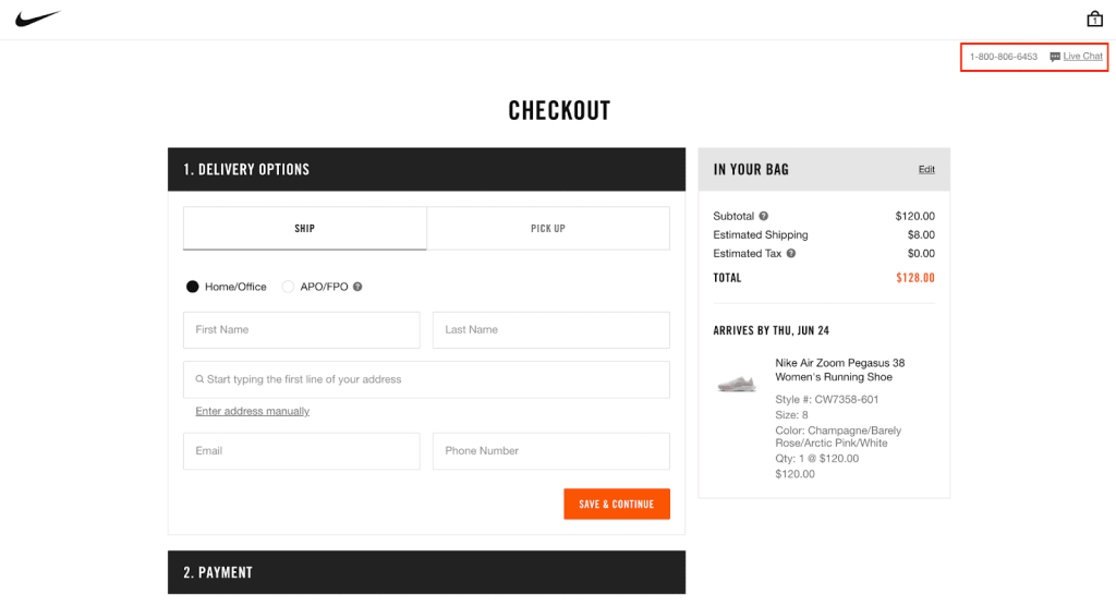 Optimized checkout page example 