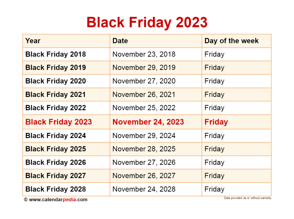 Black Friday schedule for 2023 (click to zoom)
