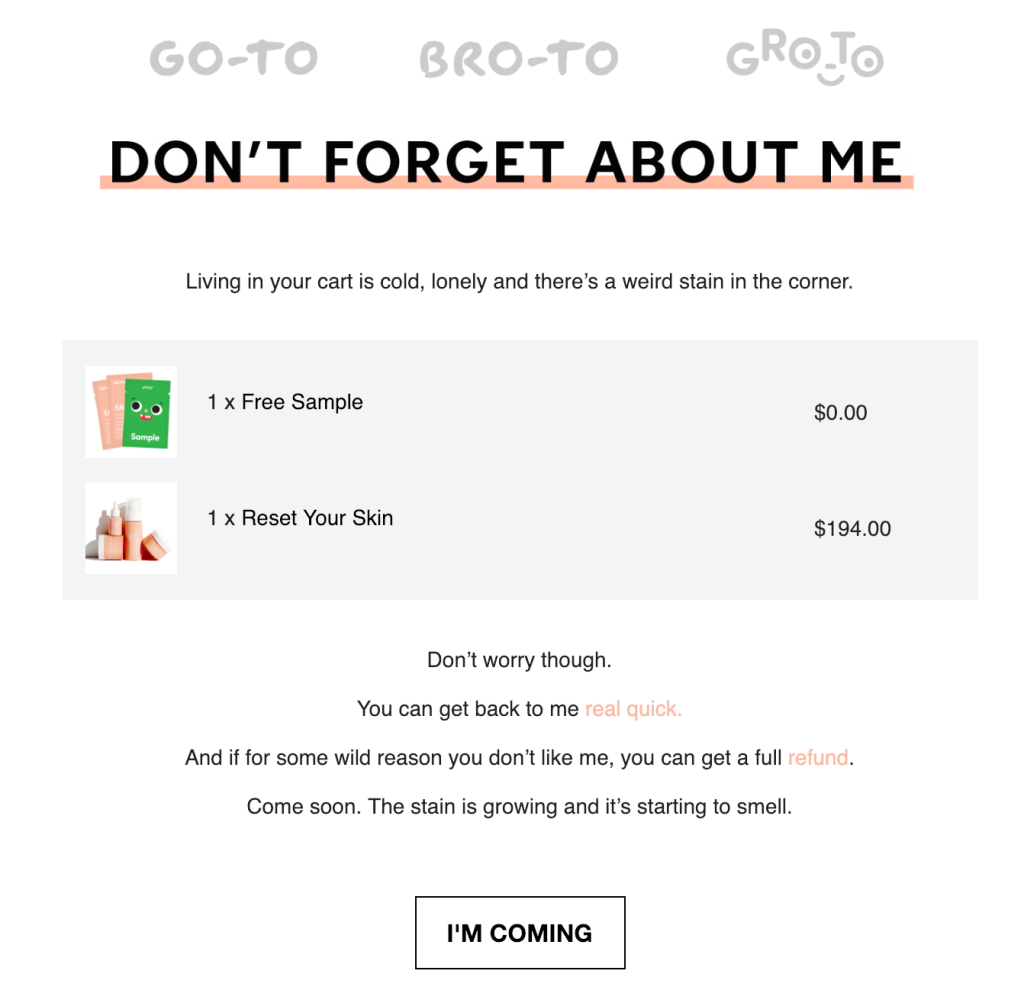 Cart abandonment email example