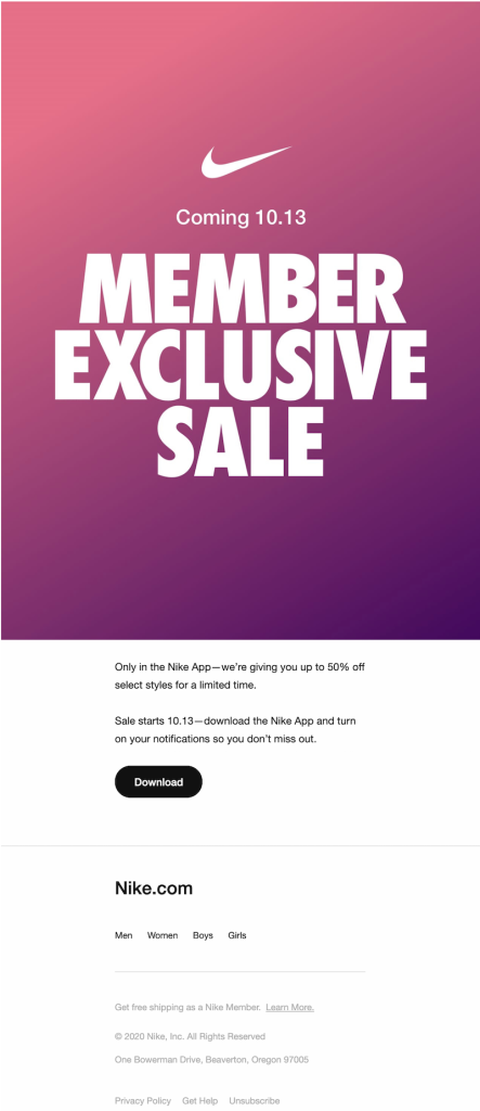 Nike's exclusive sale email example