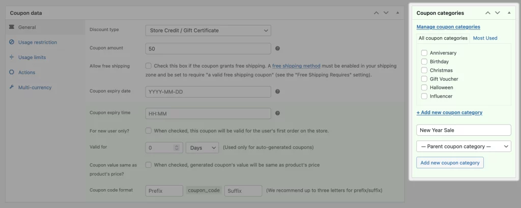 Coupon categories in Woocommerce 