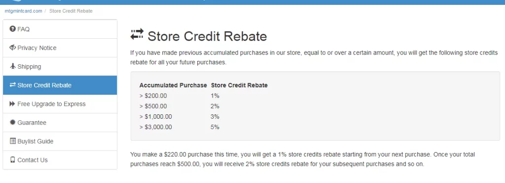 Store credit rebate example 