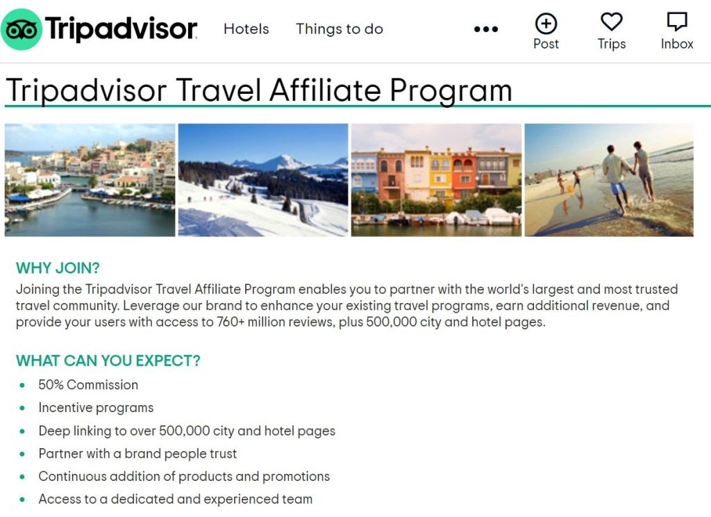 Tripadvisor's affiliate program page as an example of a travel affiliate program