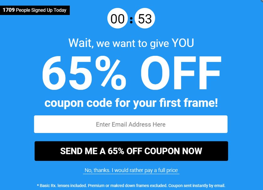 65% sign up email coupon offer on WooCommerce