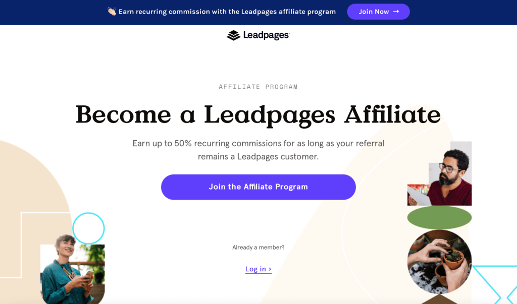 Leadpages' affiliate program landing page, inviting affiliates to join