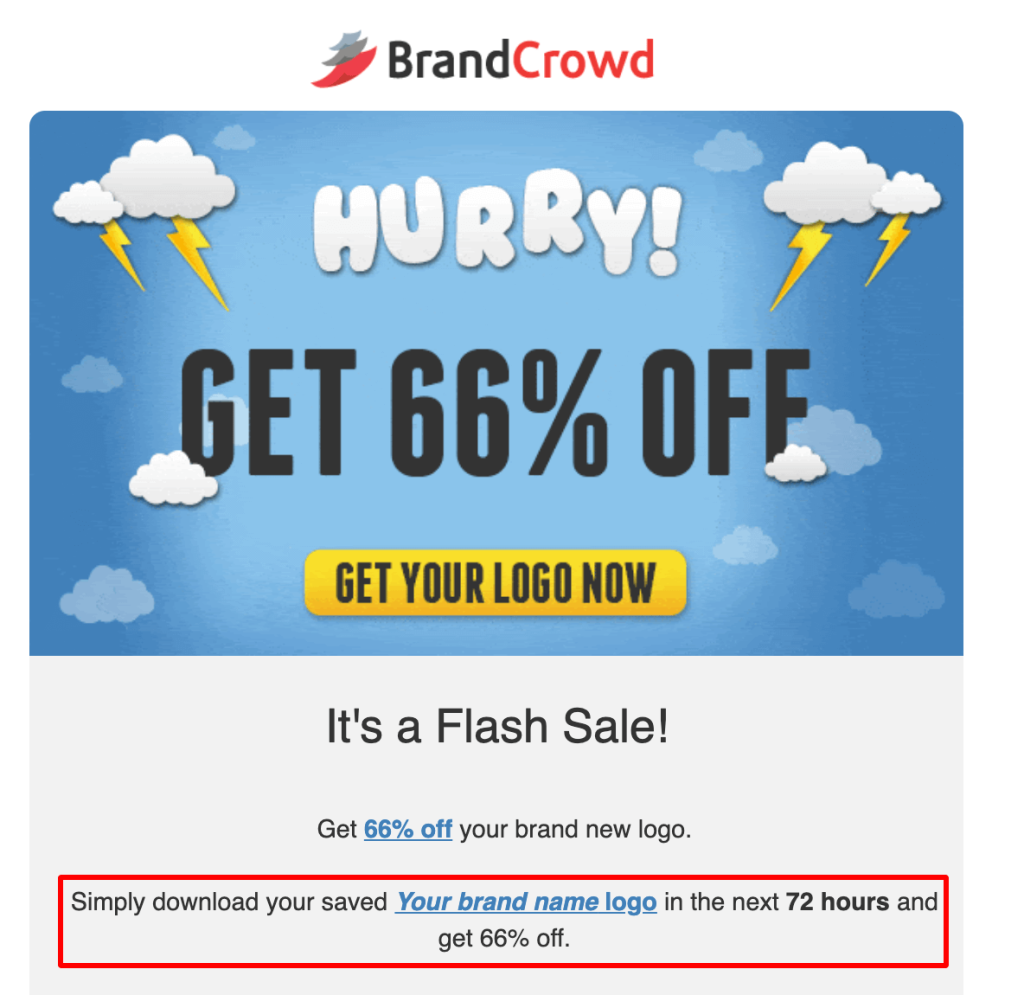 Promotional banner from BrandCrowd offering 66% off on logos for a limited time.