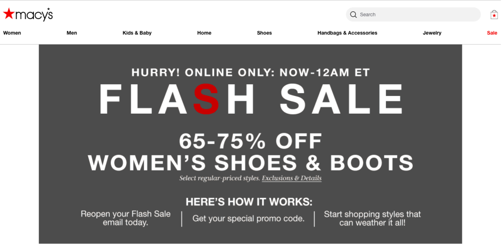 Promotional banner for Macy's online-only flash sale offering 65-75% off women's shoes and boots. 