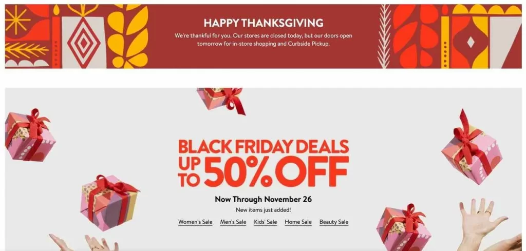 Thanksgiving and Black Friday promotion offering up to 50% off, valid through November 26, featuring festive gifts and sale categories for women, men, kids, home, and beauty.