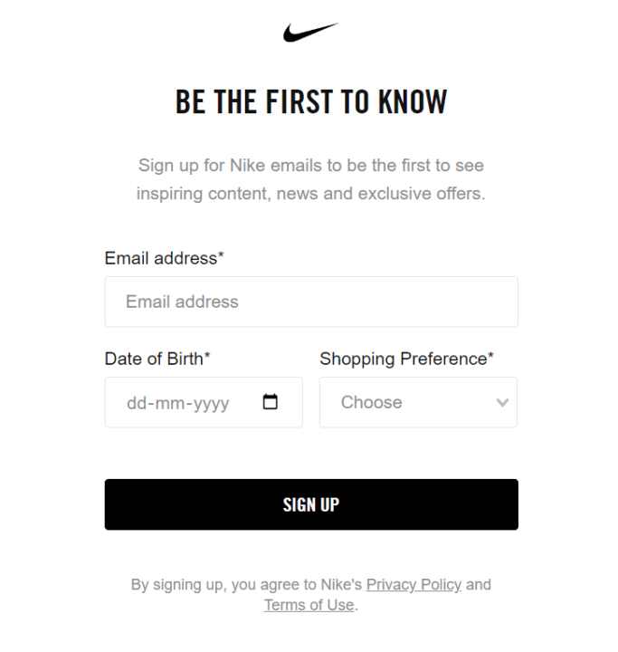 Nike email sign-up form with fields for email, date of birth, and shopping preference, encouraging users to "Be The First To Know."
