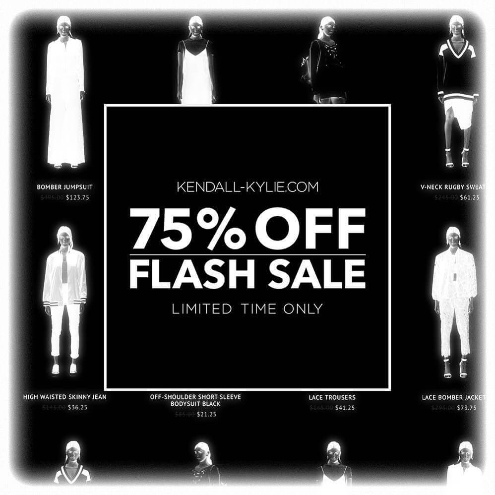 Promotional banner for Kendall-Kylie.com announcing a 75% off flash sale for a limited time.